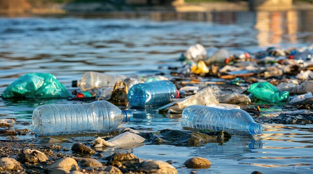 Plastic pollution with bottles and waste floating in river