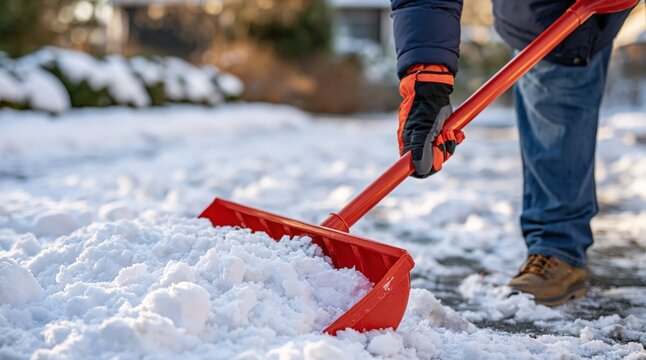 Person shoveling fresh snow with red shovel on sunny winter day