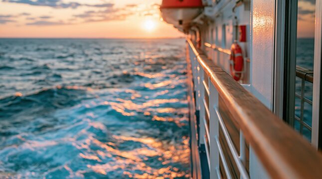 Cruise ship deck railing overlooking sunset ocean