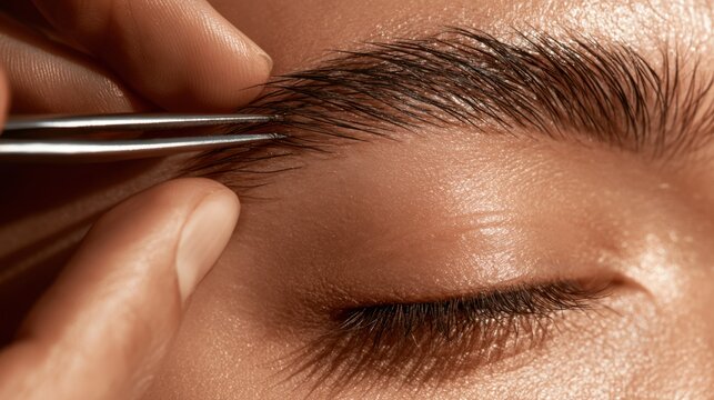Close-up of person shaping eyebrow with metal tweezer during beauty grooming routine on smooth skin with closed eye