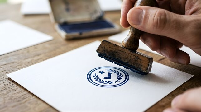 Hand stamping a check mark approval symbol onto white paper at desk