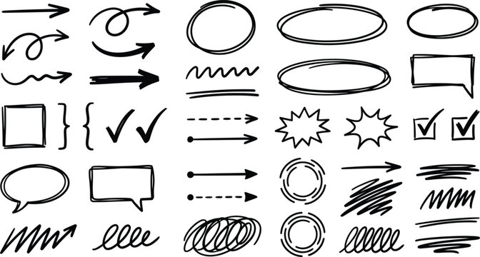 Comprehensive set of hand drawn office icons including arrows check marks and speech bubble frames for notes.