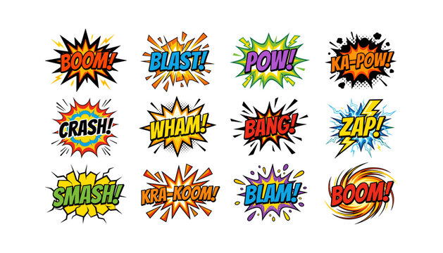 Collection of comic book sound effect speech bubbles with text like boom blast pow crash wham bang zap smash