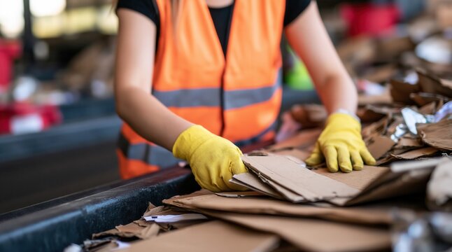 Worker in safety vest sorting cardboard on conveyor belt in recycling facility