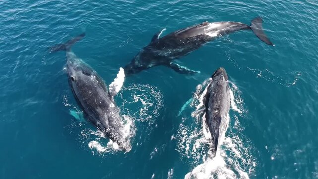 Three humpback whales swimming gracefully in clear deep blue ocean water during daylight