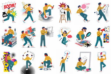 Fototapeta premium Collection of Creative Cartoon Characters in Various Dynamic Poses and Artistic Activities with Comic Elements