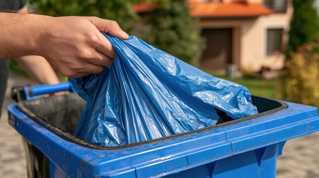 Hand putting blue plastic garbage bag into waste bin outdoors