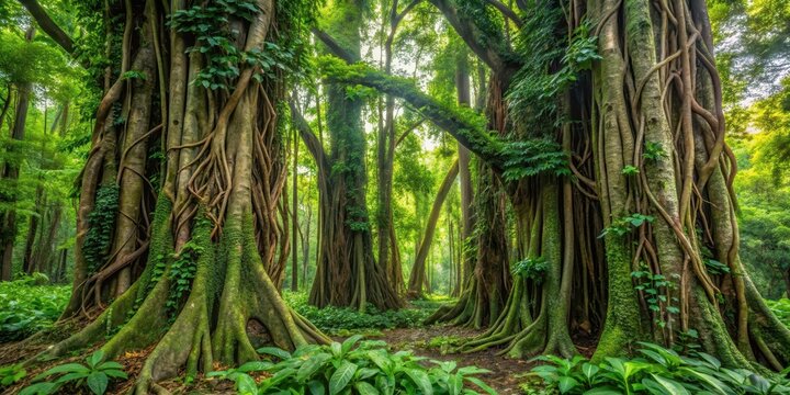Dense foliage and vines wrapped around ancient tree trunks, overgrown, vegetation,  overgrown, vegetation,jungle