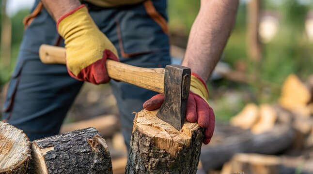 Close up of man splitting log with axe