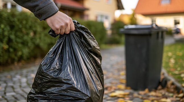 Hand carrying black plastic garbage bag to wheelie bin outdoors