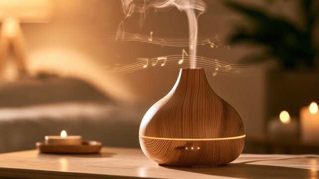 Wooden essential oil diffuser releasing aromatic vapor with music notes in cozy warm ambient room lighting