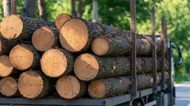 timber truck carrying freshly cut wooden logs on road