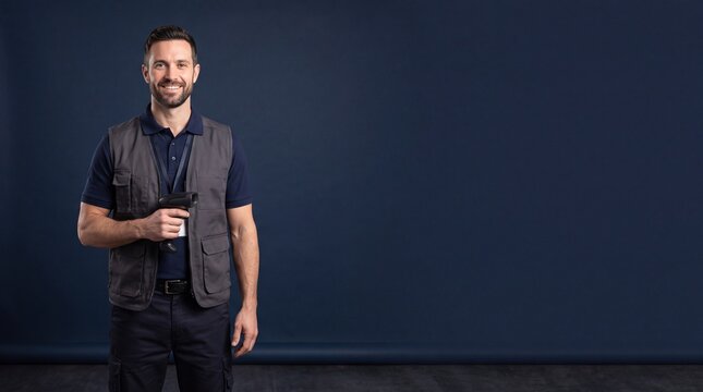 A smiling man wearing a dark polo shirt and a grey utility vest holds a handheld barcode ad social media download thambnail poster web template event festival 2026 2027 2028