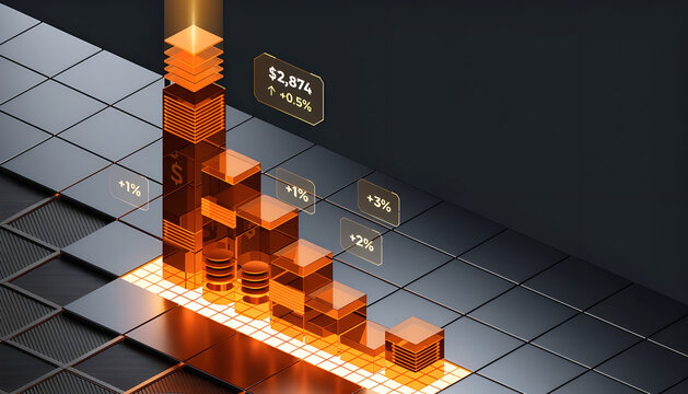 Glowing orange 3D financial growth bar chart with upward percentages stock market data profit increase analytics concept dark reflective tile background 3d render