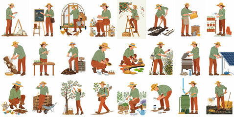 Naklejka premium Collection of illustrations depicting people engaged in diverse sustainable farming, gardening, and homesteading activities.