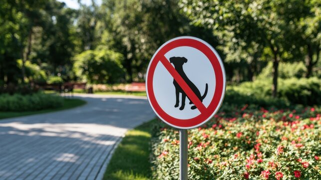 No dog sign on pole in park area indicating prohibition of dog walking and pet activity with green tree and flower background in sunny day