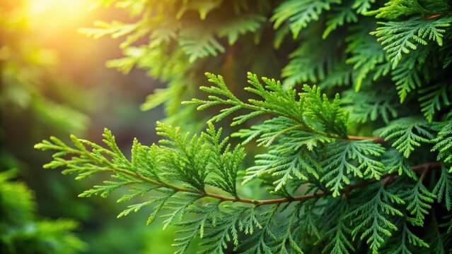 Dense green foliage of thuja branches with intricate needle patterns and a soft