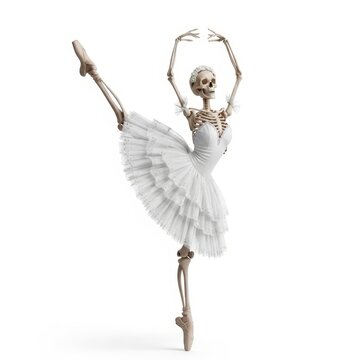 A graceful skeletal ballerina in a white tutu performs an elegant ballet pose against a clean white background
