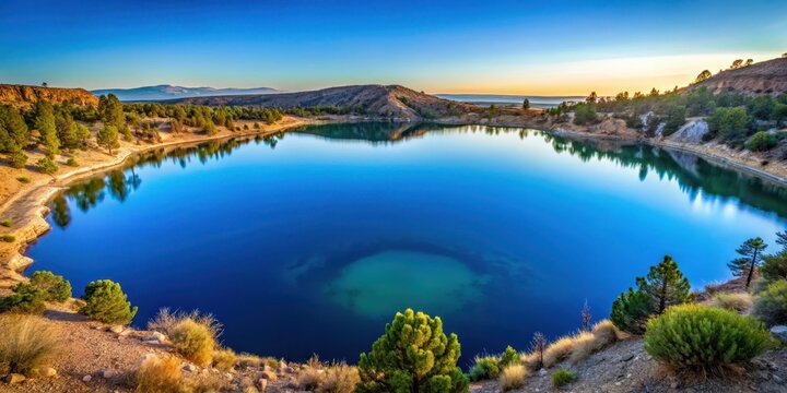 Pristine blue lake at sunrise in Cuatro Cienegas National Park, Sierra del Chamisa, dawn,  Sierra del Chamisa