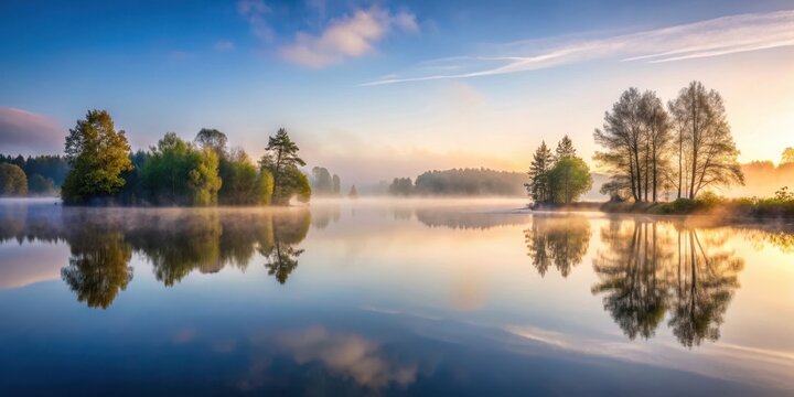 Serene landscape of a lake at dawn with misty fog surrounding the water and trees reflected in the calm surface , lakes