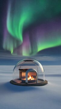 Cozy Glass Igloo and Northern Lights in Winter Wilderness Generative AI