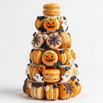 A festive Halloween macaron tower with jack-o-lanterns, ghosts, spiderwebs, and black bats on a clear tiered stand against a pristine white background