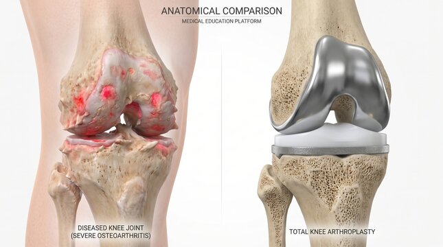 Medical 3D illustration showing an anatomical comparison between a severe osteoarthritis knee joint and total knee replacement surgery.