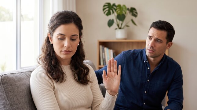 Frustrated man trying to talk to his unhappy wife who refuses to listen and shows a stop hand gesture.
