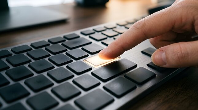 Person pressing glowing computer keyboard key to start online work