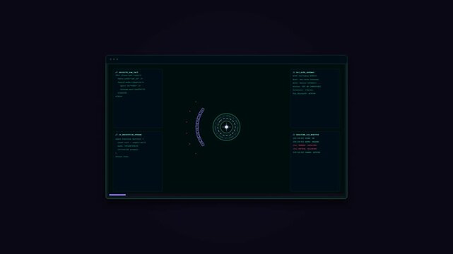 Premium 3D-inspired cybersecurity animation featuring an internal Adaptive Defense Core surrounded by a live coding environment with API requests, encryption streams, and security logs reacting to inc
