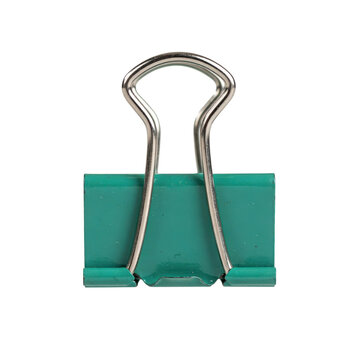 Teal metal binder clip with silver wire handles for office paper organization isolated on a transparent background