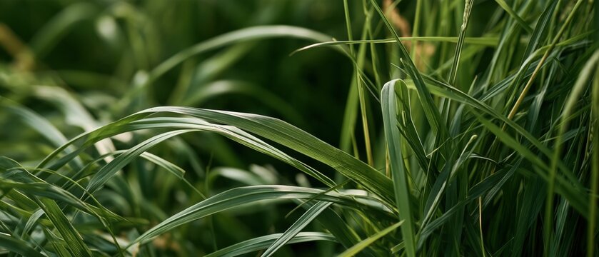 緑色の草が密集して生えている様子。自然や環境関連の背景素材として利用可能な植物のクローズアップ。