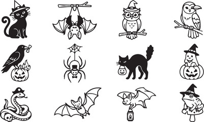 Obraz premium Black Halloween icons with cute witch cat owl bat spider snake frog