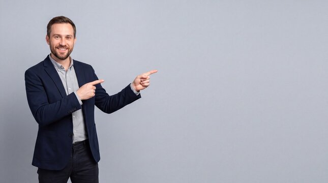A smiling man with a beard wearing a dark blue blazer and gray shirt pointing with both ad social media download thambnail poster web template event festival 2026 2027 2028