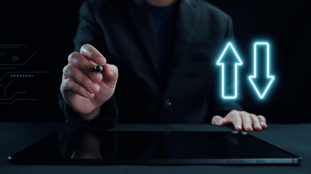 A business professional analyzes cost and quality metrics illustrated with glowing arrows, representing dynamic strategies for enhancing business growth and improving decision-making. Qubit