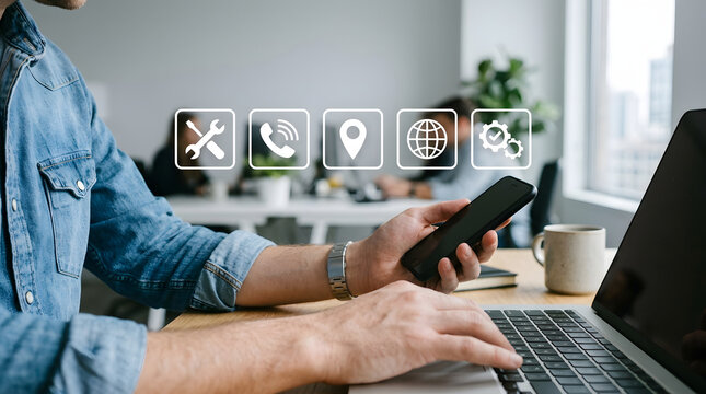 Man working on laptop and smartphone in open plan office with digital UI overlay icons