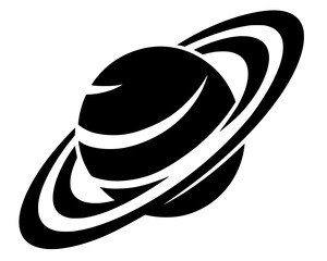 Black silhouette of ringed planet resembling Saturn, bold vector design symbolizing astronomy, space, and cosmic exploration. © Suriya