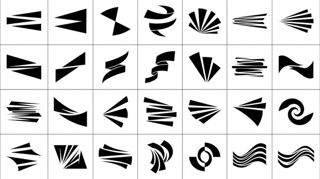 Minimalist black abstract icons set, 28 geometric vector shapes. Modern graphic design elements for branding and logos.