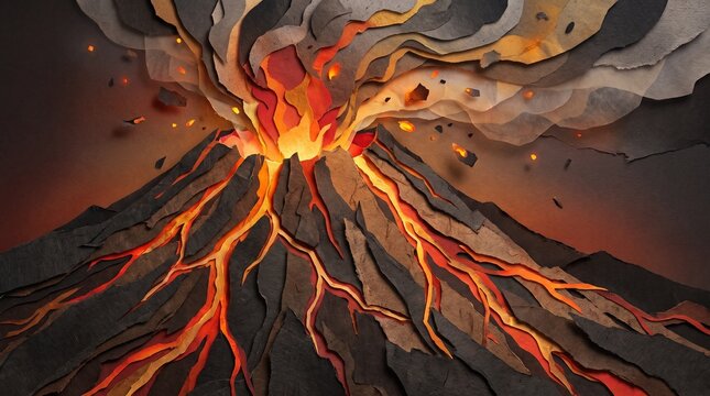 Papercut Style Erupting Volcano with Glowing Lava and Smoke Clouds Paper Craft Landscape Illustration
