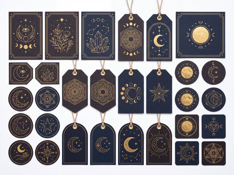 Celestial mystical sticker and tag set with gold foil tarot, astrology, moon phases, and sacred geometry designs on a dark background, perfect for esoteric stationery and magic branding.