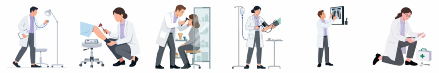 Fototapeta premium Set of Medical Professionals Providing Healthcare Services and Diagnostic Examinations in Flat Illustration Style