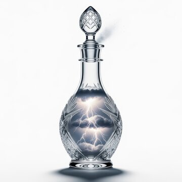 Crystal decanter with lightning inside, stormy clouds and electric light in the bottle