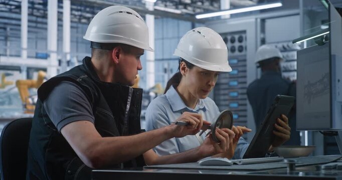 Engineers Discuss Metal Prototype, Measuring Dimensions with Caliper Verify Telemetry on Screen. Teamwork, Quality Control Solve Design Issues in Smart Factory Car Manufacturing. Team Collaboration.
