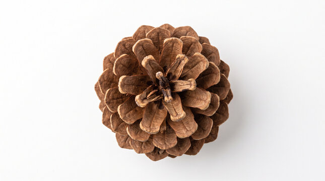 Straight top view of symmetrical forest pinecone illuminated by soft even studio lighting