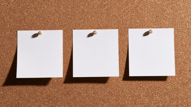Three blank white square papers pinned on brown corkboard background with shadows in horizontal row for messages or notes