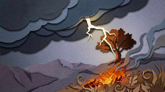 Dramatic 3D Paper Cut Art Illustration of a Lightning Strike Causing a Forest Fire in a Stormy Mountain Landscape