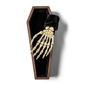 A skeletal hand with an engagement ring emerging from the coffin