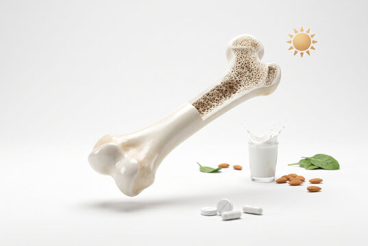 Human Bone Cross Section with Porous Osteoporosis Structure Beside Milk, Almonds, Spinach, Sun and Vitamin Supplements Concept
