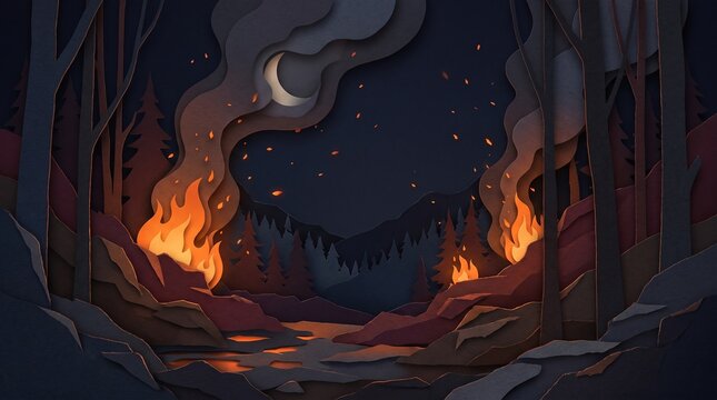 Vivid illustration of a nocturnal forest ablaze, with towering flames and thick smoke ascending towards a crescent moon in the dark sky, symbolizing destruction