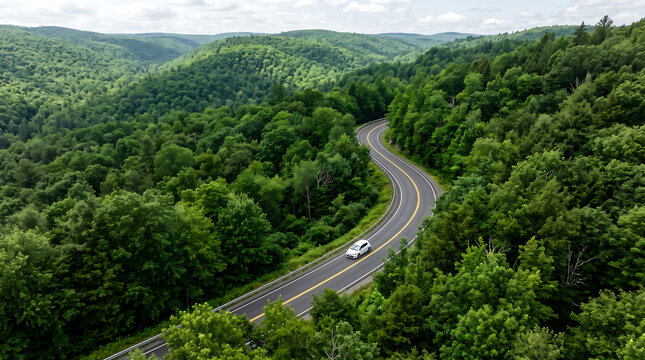 White sedan driving along a winding asphalt road through dense vibrant green forest landscape scenery